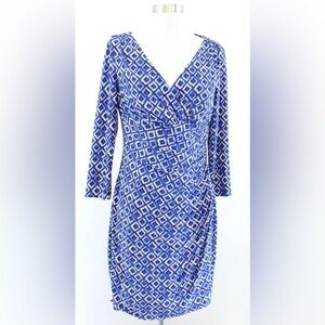 Ralph Lauren Wrap Midi Dress Size 6 blue/cream geometric block print